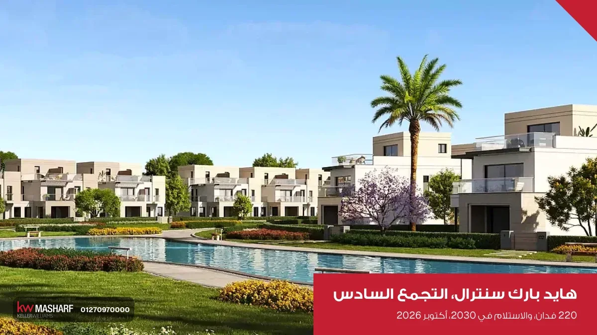 صف بيوت بأدوار قدام حمام سباحة طويل ونخلة في هايد بارك سنترال