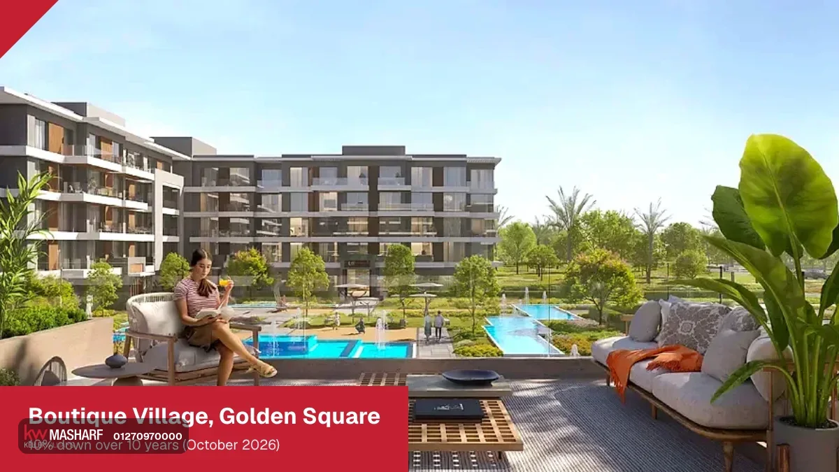 Couple relaxing on a furnished terrace overlooking a pool and low-rise residential blocks