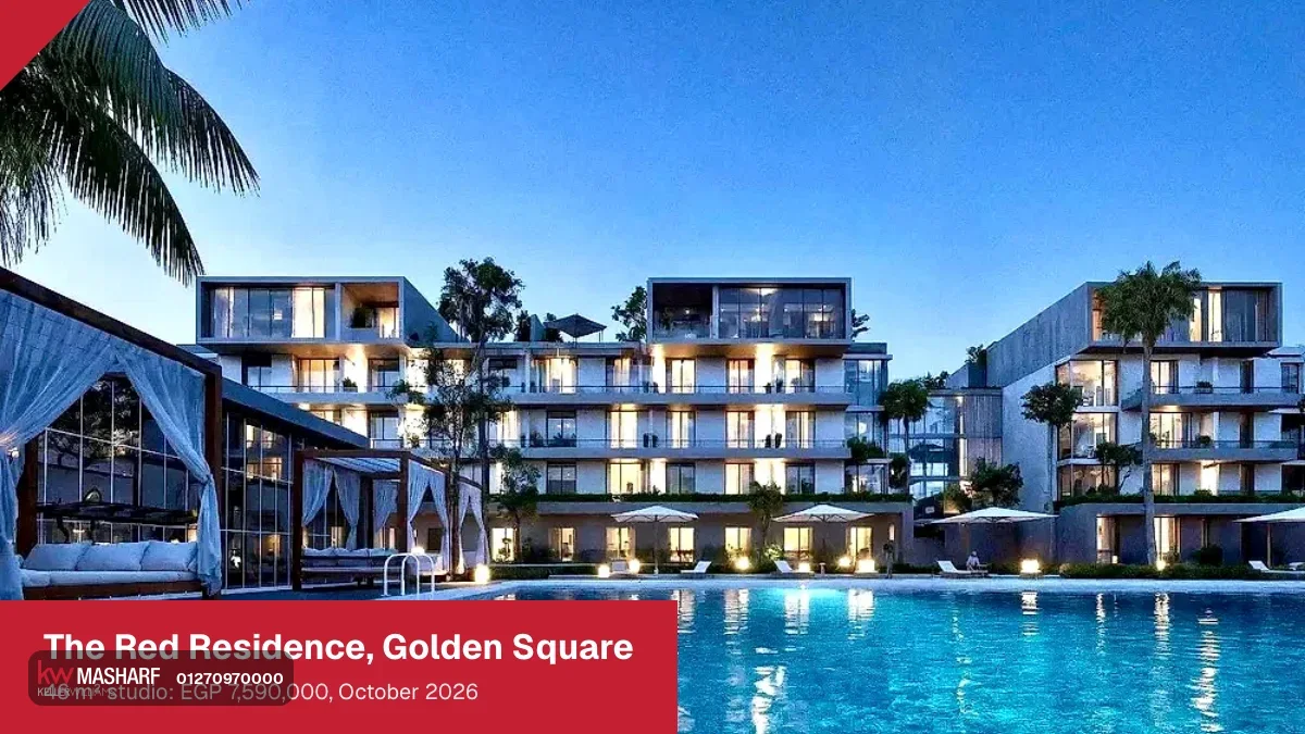 Residential blocks with terraces facing a large swimming pool lined with cabanas and palms