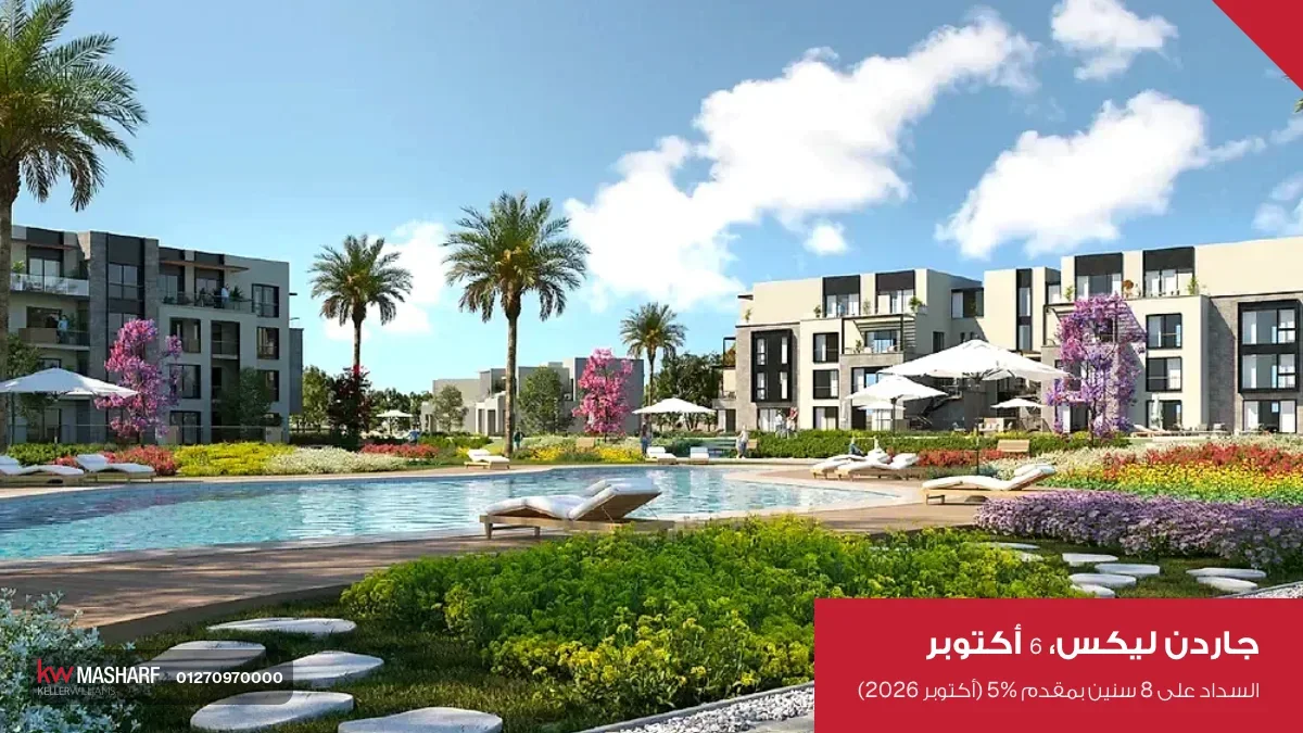 حمام سباحة طويل جنب ممشى حجر وزرع ملوّن وعمارات في الخلفية