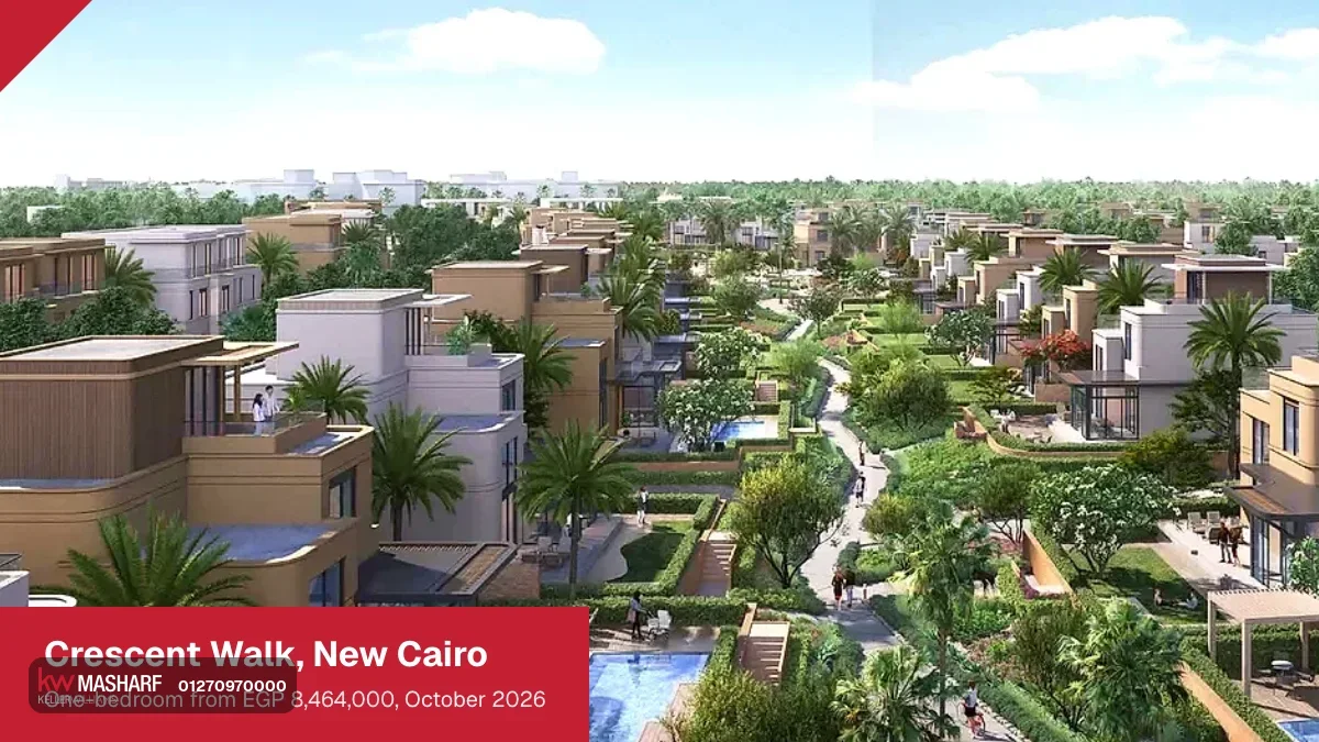 Aerial view of townhouses and apartment blocks along a long green spine with pools