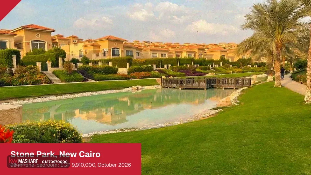Green lawns and a long ornamental lake with villas lining the far bank