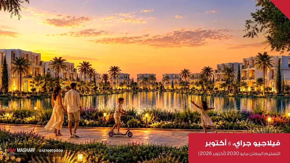 عيلة ماشية على ممشى جنب بحيرة وقت الغروب وبيوت بيضا ونخل في الخلفية