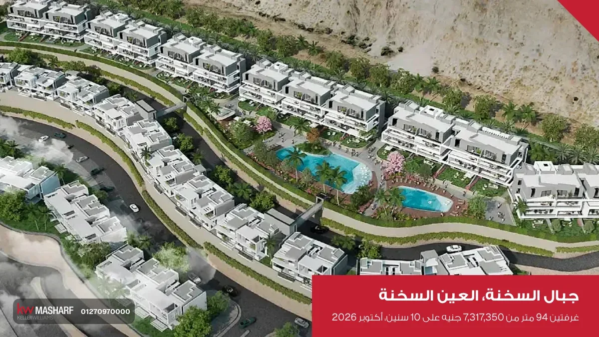 منظر من فوق لجبال السخنة: صفوف وحدات متدرجة على الجبل حوالين حمامات السباحة