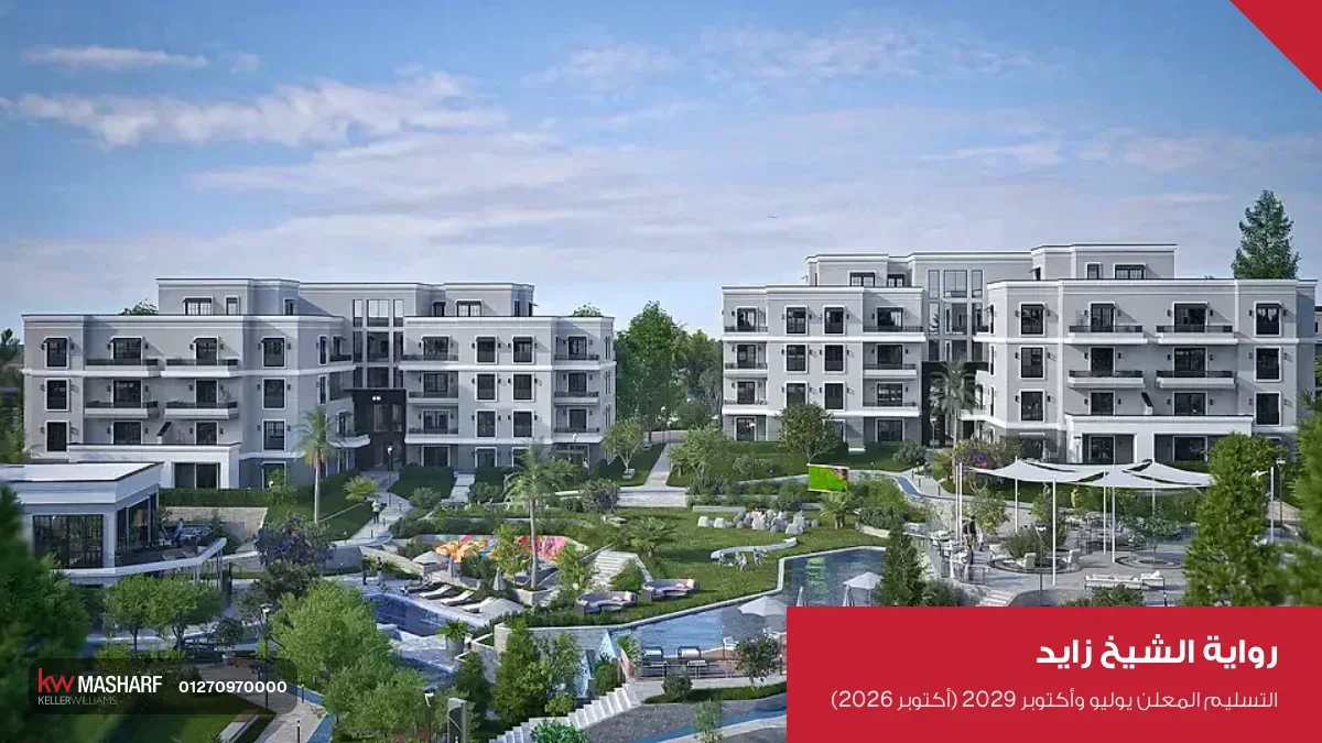 عمارات سكنية بيضا قدامها حمامات سباحة ومساحات خضرا